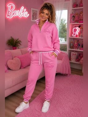 Barbie Pink Embroidered Half-Zip Jogger Lounge Set Women’s Size L
